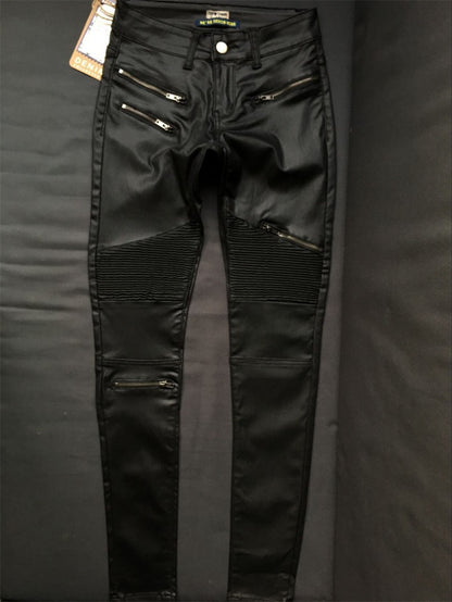 Faux Leather Coated Moto Pants for Women Sexy Tight Stretchy Rider Leggings Black Rock Steampunk Party Costume