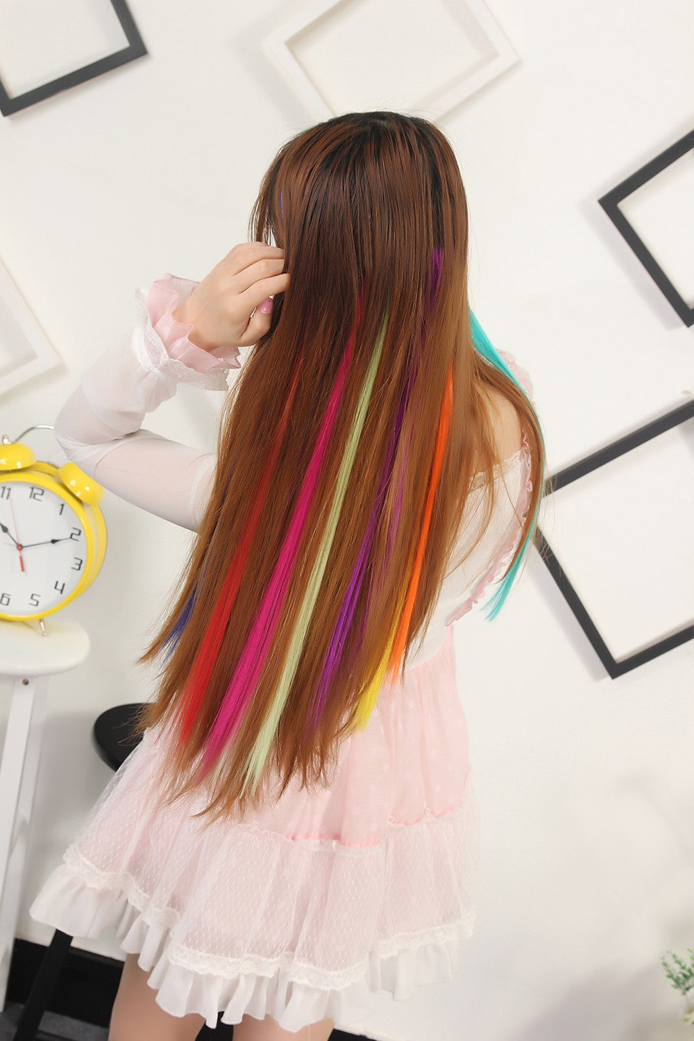 LIHUI Longo Liso Colorido Aplique de Cabelo Extensões de Cabelo com Clipe Mechas Arco-Íris Destaque Cabelo Sintético Rosa em Clipe