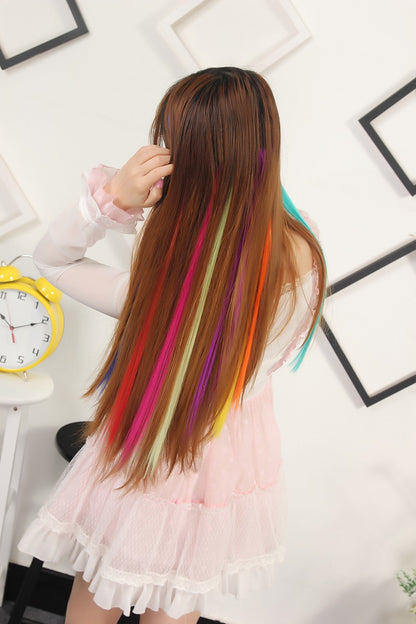 LIHUI Longo Liso Colorido Aplique de Cabelo Extensões de Cabelo com Clipe Mechas Arco-Íris Destaque Cabelo Sintético Rosa em Clipe