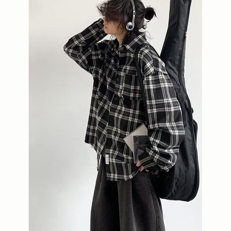 Japanese Cargo Shirt Men Women Vintage Black White Checkered Loose Long-sleeved Tops Spring Casual Lapel Unisex Oversize Shirts