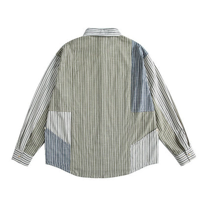 Stripe Splice Shirt Men Japnese Streetwear Fashion Loose Casual Long Sleeve Shirts Cityboy Oversize Cargo Shirts Blouses