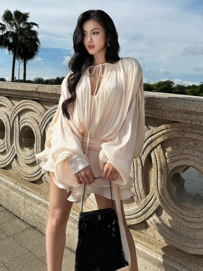 Beige Top Solid Blouse Mini Dresses For Women V Neck Long Sleeve Spliced Lace Up