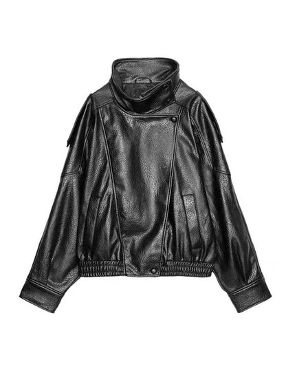 Faux Leather Stand Collar Bomber Jacket Women Locomotive Epaulet Slant Opening Ruched Coats Fashion Autumn Winter Lady Outerwear