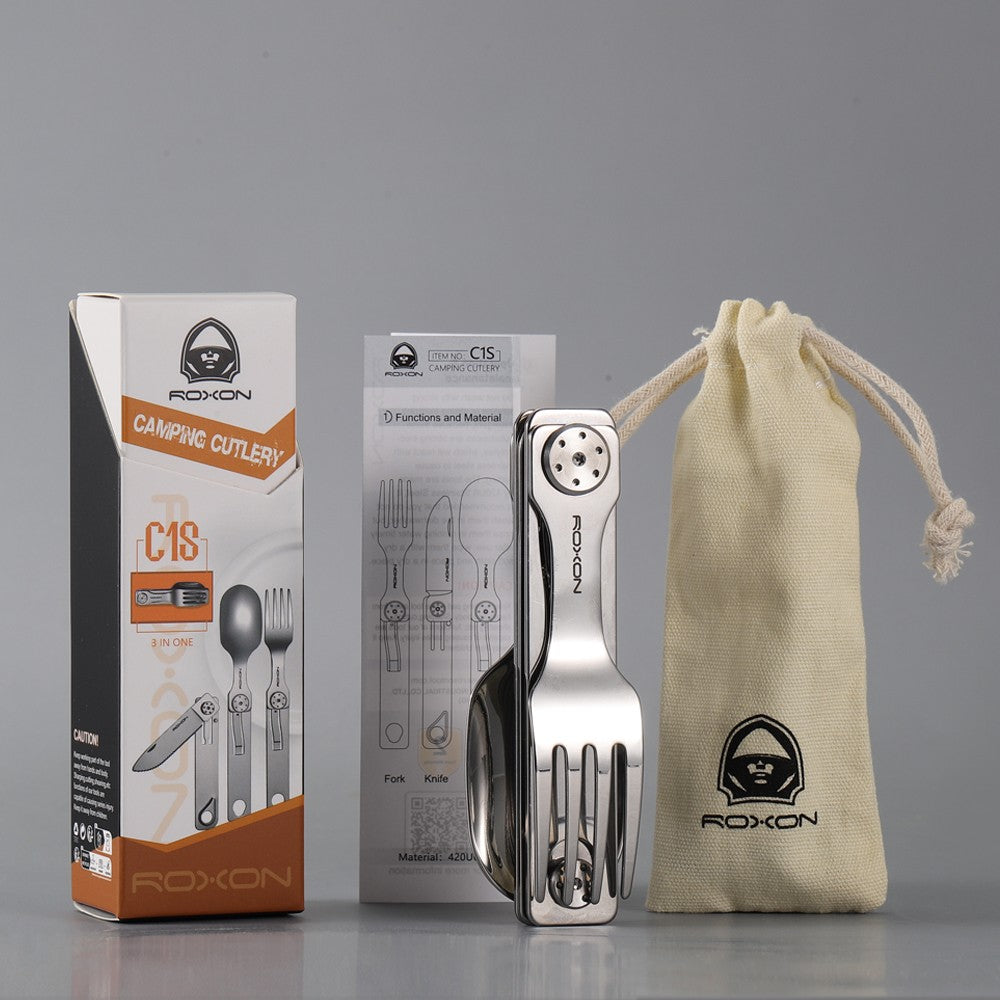 Conjunto de Talheres para Camping 3 EM 1 ROXON Faca Garfo Colher Aço Inoxidável Portátil e Destacável