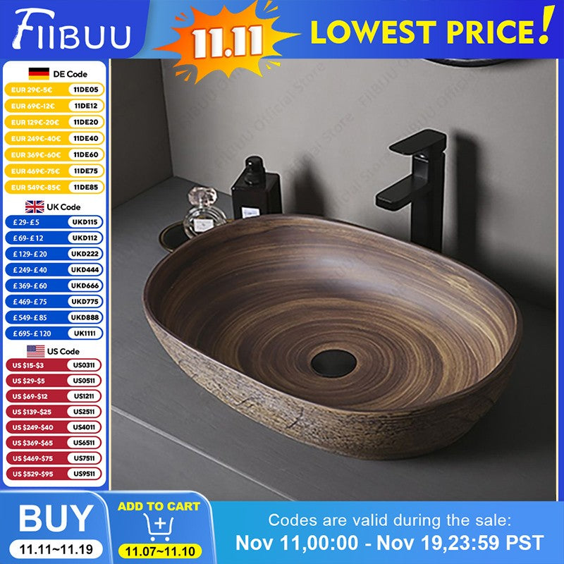 Cuba de Cerâmica Marrom para Lavatório de Banheiro Oval Artística para Mesa de Banheiro, Bacia de Lavar Roupa para Varanda, Bacia de Pedestal Acima do Balcão