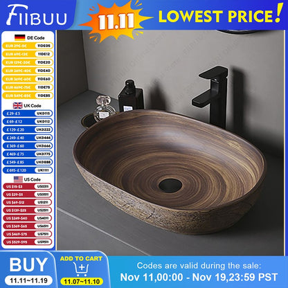 Cuba de Cerâmica Marrom para Lavatório de Banheiro Oval Artística para Mesa de Banheiro, Bacia de Lavar Roupa para Varanda, Bacia de Pedestal Acima do Balcão