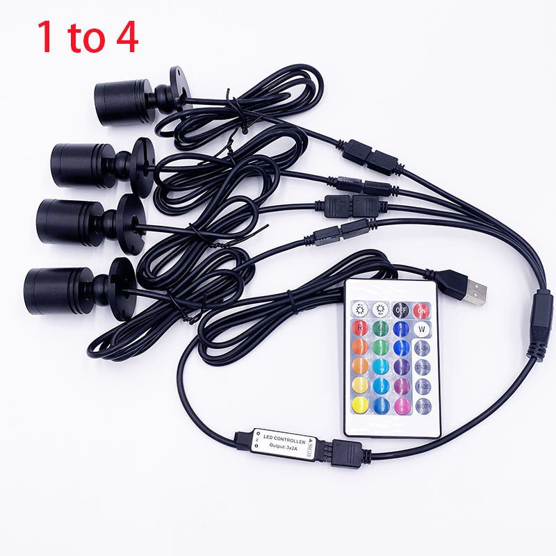 RGB Led Spotlight USB 5V Dimmable Colour Mini Ceiling Spot 1W 3W Showcase Pattern Showcase Light Room Decor 1 to 4 Remote Set