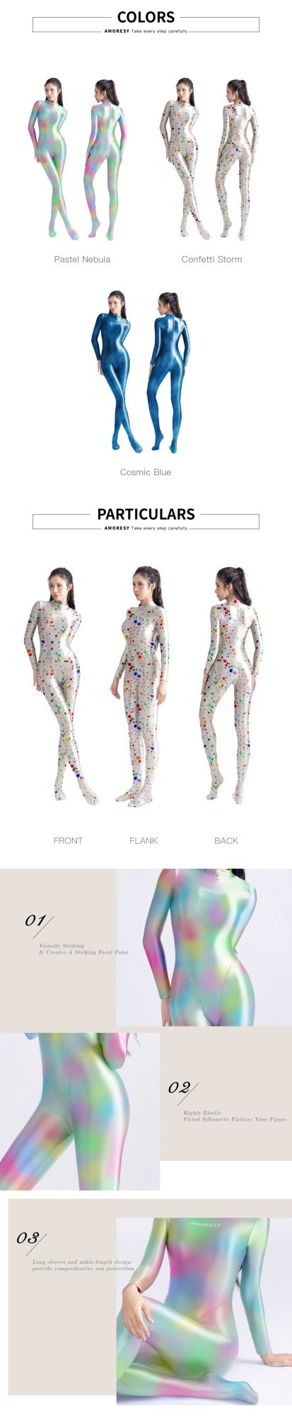 AMORESY Satin Glossy tights colourful Glossy bodysuit Silk Smooth Long sleeved zipper full body suit