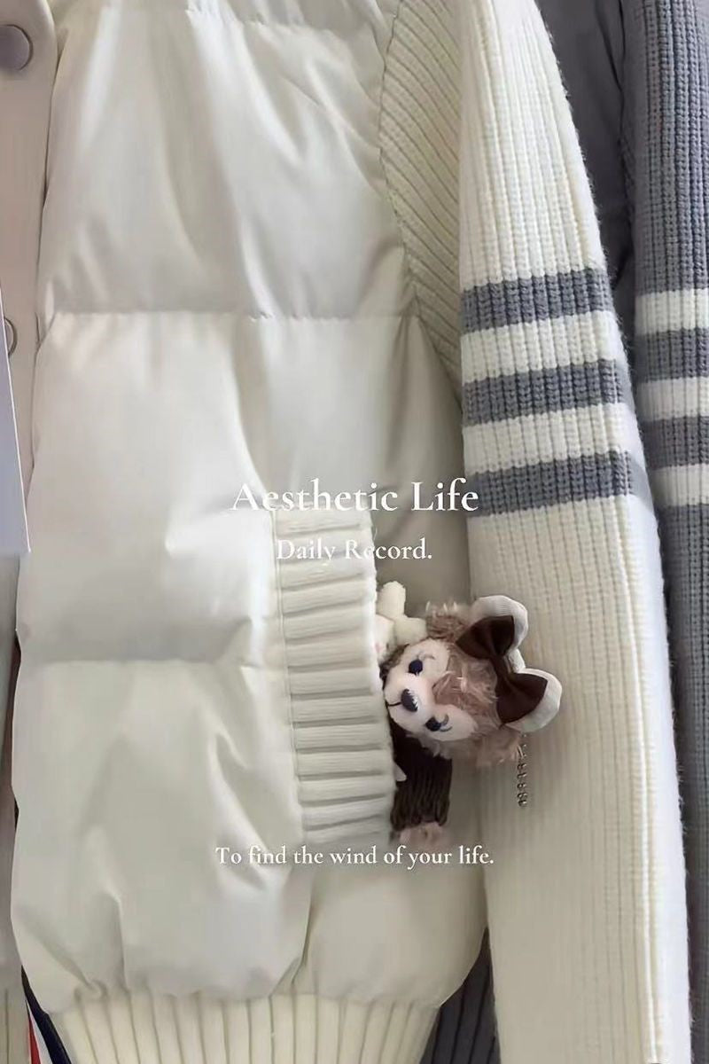 Little Women's Wear Knitted Stitching Coat Down Cotton-padded Short Female 2025 Winter Casual Jacket Loose Collar Thick Overwear