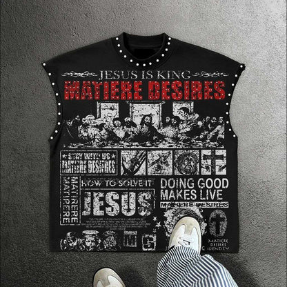 Streetwear Y2K Fashion Fashion Retro Sleeveless Oversized T Shirt Gothic Classic Top Hip Hop Print Extra Large Round Neck Vest