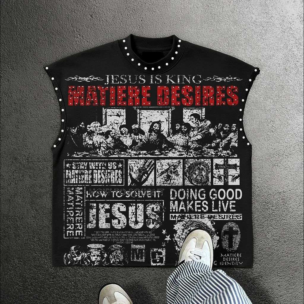 Streetwear Y2K Fashion Fashion Retro Sleeveless Oversized T Shirt Gothic Classic Top Hip Hop Print Extra Large Round Neck Vest