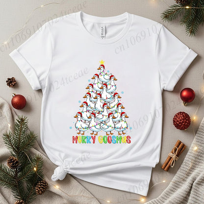 Funny Merry Goosmas T-Shirts for Women,Trendy Christmas Goose Shirt Design,Christmas Tree Party T-Shirts for Women Men Clothes