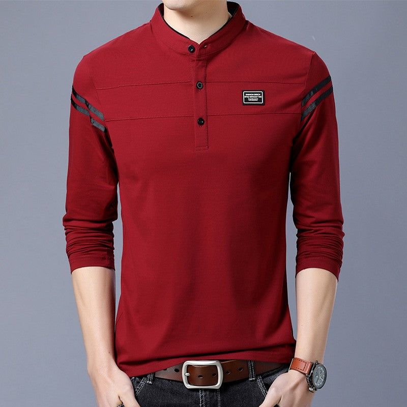 Men's Fashion Summer Long Sleeved POLO T-shirt Casual Cotton Breathable Top Stand Up Neck Long Sleeve Korean Comfortable Shirt