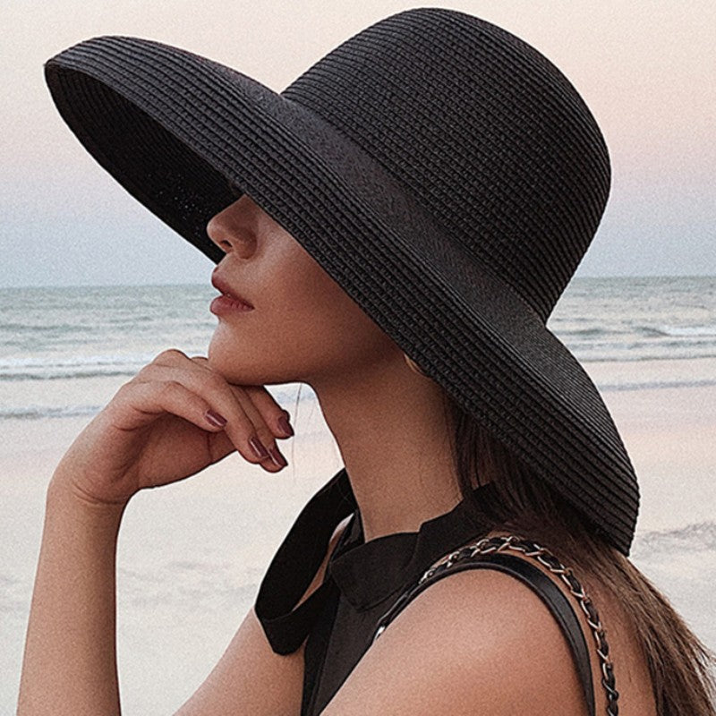 2023 New Summer Sun Hats Ladies Solid Plain Elegant Wide Brim Hat Female Round Top Panama Floppy Straw Beach Hat Women ????
