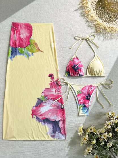 2025 New Flower Print Bikini Set Women's High Waist Long Skirt 3 Piece Swimsuit Sexy Mini Triangle Backless Thong Bathing Suit