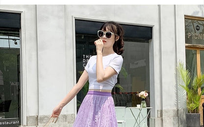 Plus Size plus Size Lace Hollow out f Skirt mid Waist Long Sle Fairy Skirt A-Line Umbrella Skirt Trendy Women's Clothing