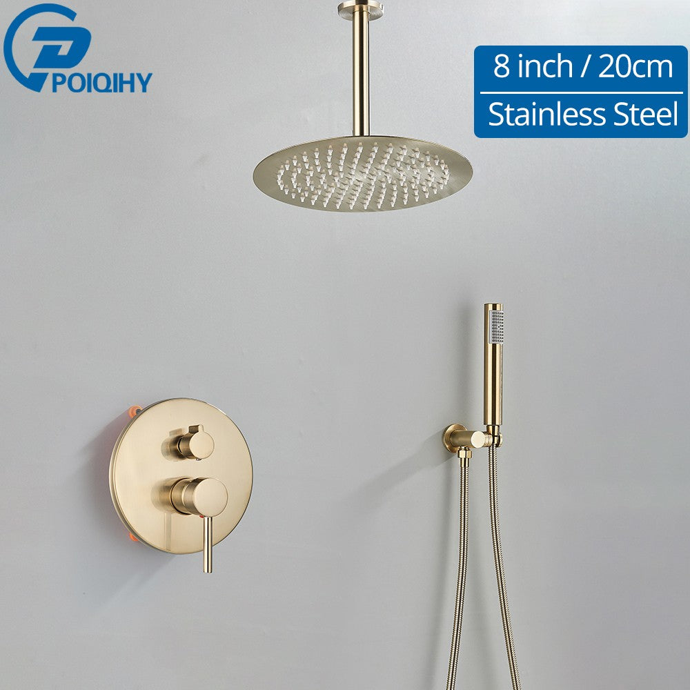 Brushed Gold Shower Faucet Embedded In 2 Ways Shower Mixers Wall Mounted Rainfall Bathroom Shower Tap Stainless Steel Head