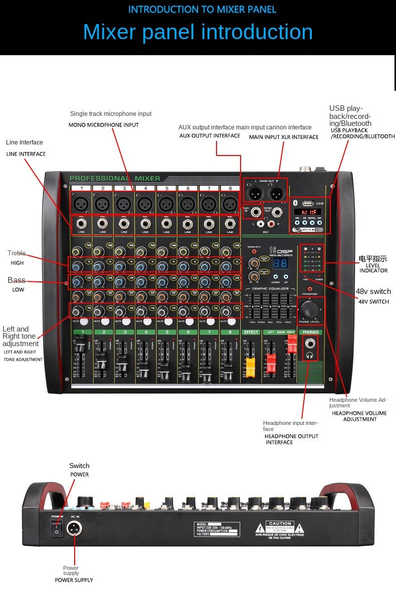 Mesa de som DSP de 4/8 canais com efeito de reverberação, profissional, Bluetooth, USB, áudio mixer balanceado para karaokê familiar, palco, KTV