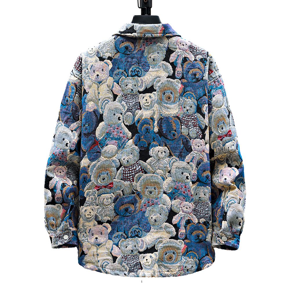 Men Teddy Bear 3/4 Sleeve Jacket Fashion Animal Pattern Coat Jacquard Woven Top Outerwear