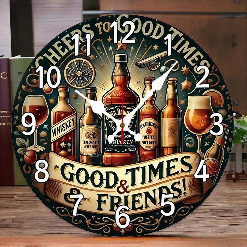Beer & Whiskey Wooden Round Silent Hanging Wall Clock, Suitable For Living Room, Office, Study Room, Bedroom, Home Decoration