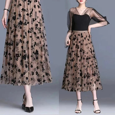 Gauze skirt floral half fairy skirt spring and summer new pleated A-line skirt i