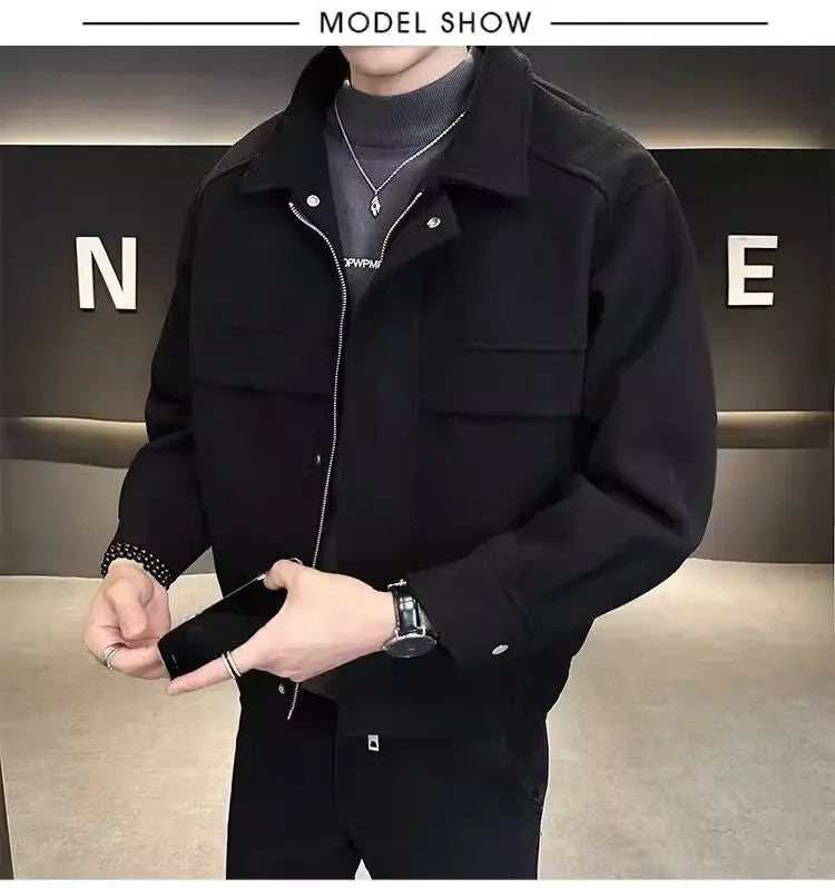 Men's Autumn Winter 2023 New High-end Feeling Cropped Woolen Jacket Casual Style Loose Fit Sweater Coat