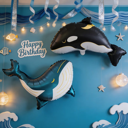 2 Blue/Black Whale Foil Balloons, Birthday Party Atmosphere Decoration, Ocean-Themed Event Gift Props, Indoor and Outdoor Room D