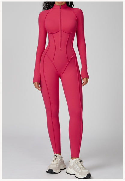 Seamless Yoga Jumpsuit Peach Hip High Elasticity Zipper Bodysuit Long Sleeves One-Piece Workout Clothes Gym Leggings Sportswear