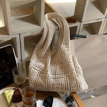 Knitted Shoulder Bag for Women's Leisure Commuting Hollowed Out Large Capacity Woven Handbag