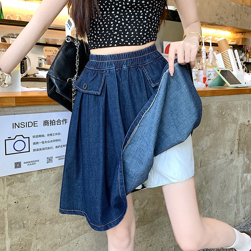 Casual Summer Plus Size Midi Denim Skirts Woman Preppy Loose A-line Ruffles Skirt With Shorts Elastic Waist Jeans Skirts Women