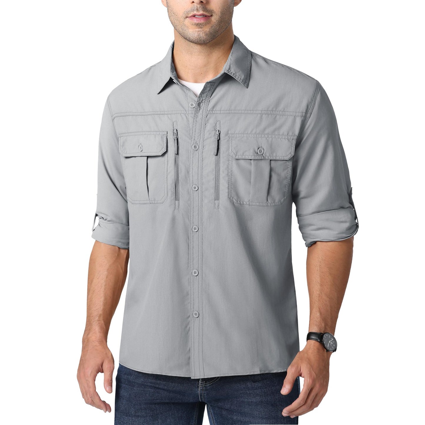MAGCOMSEN UPF 50+ Mens Quick Dry Cargo Shirts Mesh Breathable Long Sleeve Work Shirts UV block Outdoor Hiking Fishing Shirts