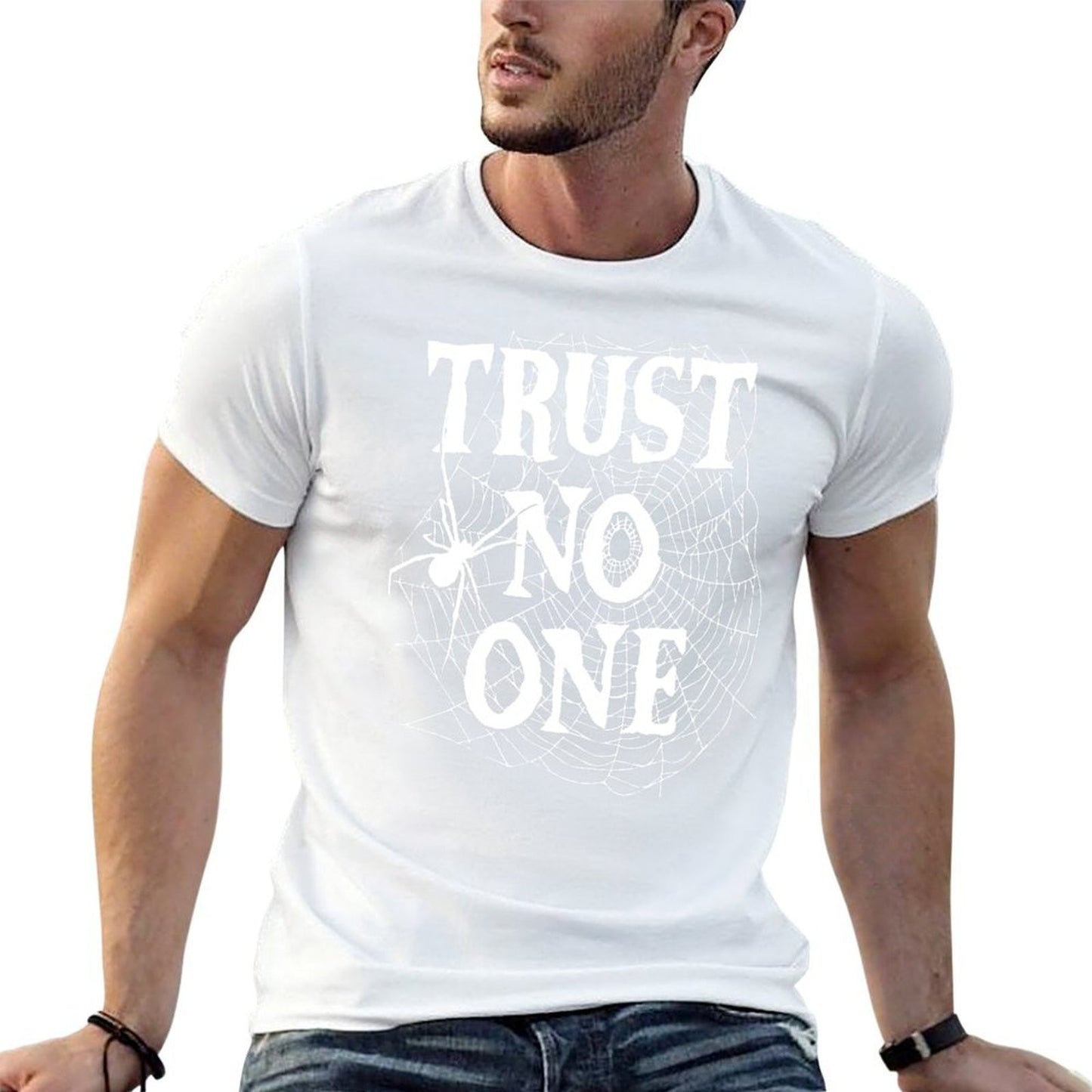 Trust No One Spider in a Spiderweb Quote T-Shirt man t shirts cotton black cotton t-shirt plain for man package T-Shirt