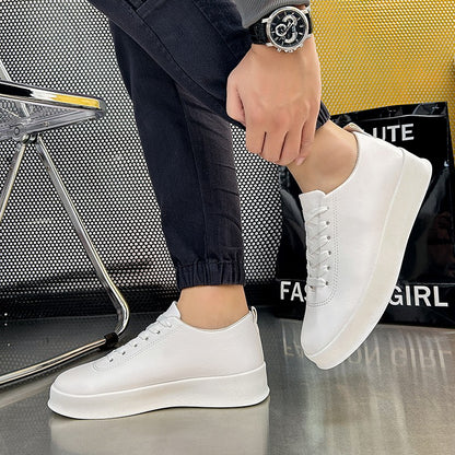 Fashion Thick Sole Black White Soft Men Leather Shoes Platform Men Casual Board Shoes Walking Sport Shoes Lightweight Work Shoes