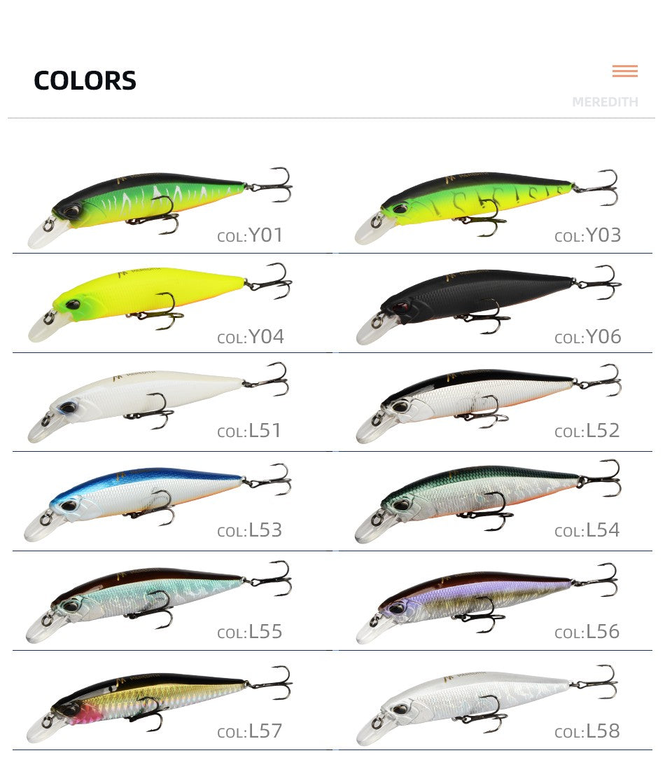 MEREDITH JERK MINNOW 100F 14g Flutuante Wobbler Isca de Pesca 24 Cores Isca Minnow Isca Dura Qualidade Profissional Profundidade0.8-1.0m