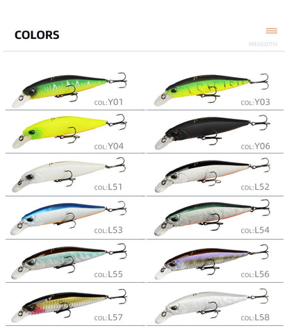 MEREDITH JERK MINNOW 100F 14g Flutuante Wobbler Isca de Pesca 24 Cores Isca Minnow Isca Dura Qualidade Profissional Profundidade0.8-1.0m