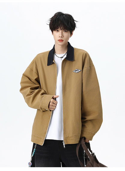 Maxbarley Trendy Cotton Jacket Men Autumn 2025 Hip-Hop Stitching Windproof Lapel Jackets K-Pop Antique Washed Motorcycle Coat