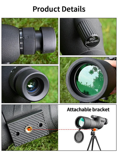 25-75x60 HD Spotting Scope Powerful Monocular Zoom Telescope Prism Waterproof for Birdwatching Target Shooting Camping
