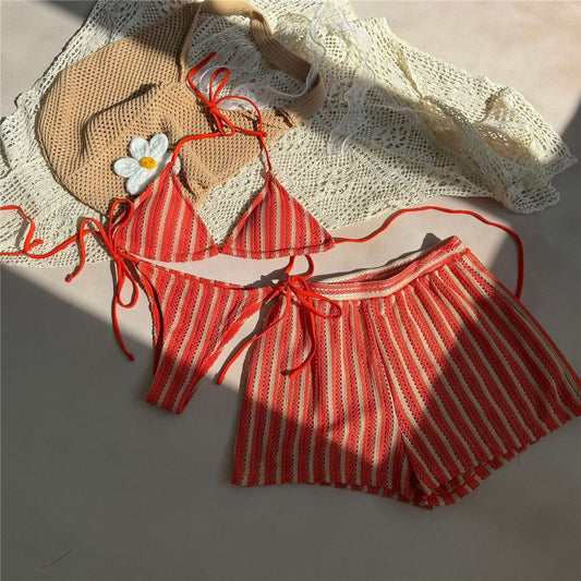 Orange Striped Swimwear Halter String Triangle Bikinis Sets 3 Pieces Bottoms Shorts Mini Micro Thong Sexy Swimsuit Woman 2025