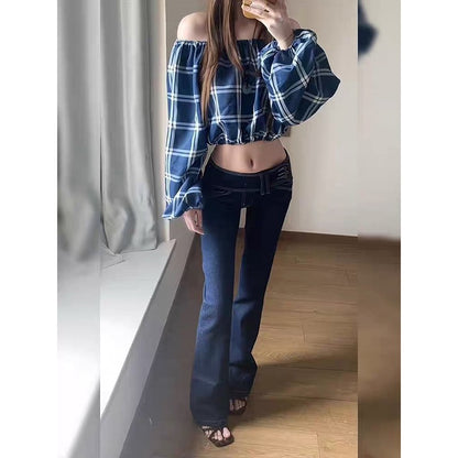 Women's High Waist Blue Flared Jeans Bleach Bootcut Korean 2000s High Street Baggy Denim Pants Y2k Japanese Harajuku Bell Bottom