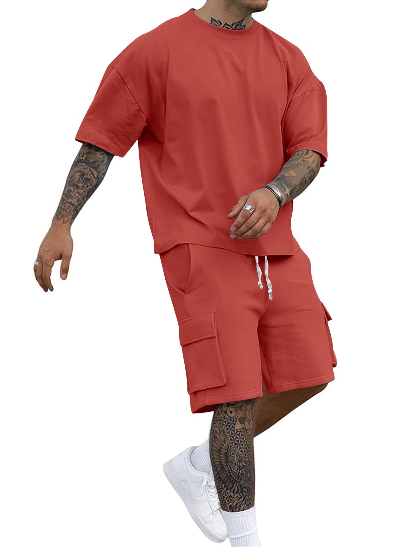 Summer new men's round neck short sleeve T-shirt shirt shorts two-piece suit loose large size ice