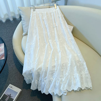 Casual sweet High Waist Chic floral lace Ruched loose Skirts Korean Fashion Office Lady Basics  Plus Size Clothing