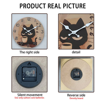 Retro Cute Black Cat Drinking Coffee Pattern Wooden Wall Clock Living Room Bedroom Kitchen Home Decoration Wall Clock Silent Quartz Clock Holiday Gift 10 Inches 12 Inches 14 Inches 16inch (Without Batteries)