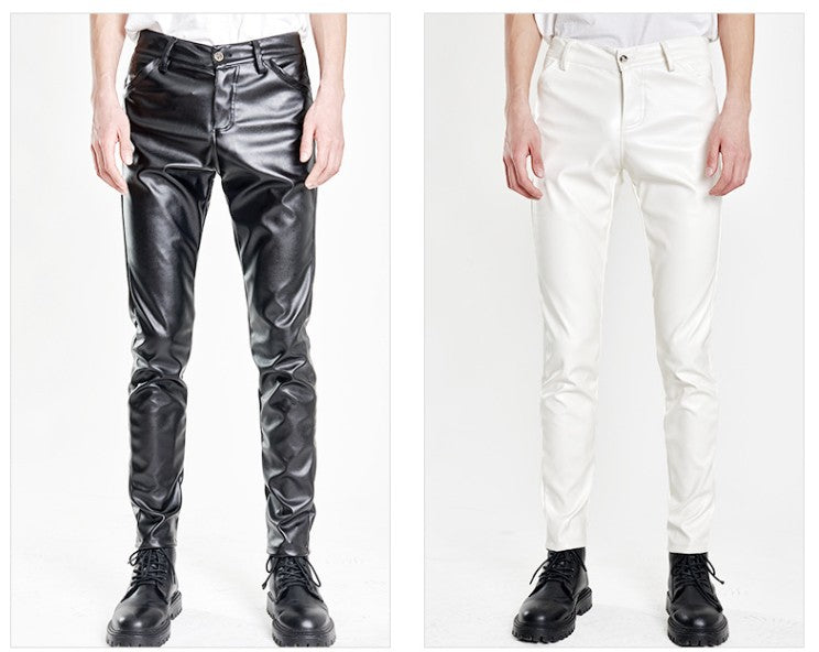 New Men Solid Color Slim Fit Faux Leather Pants Green / White / Black Homme Bar KTV High Street Biker Trousers