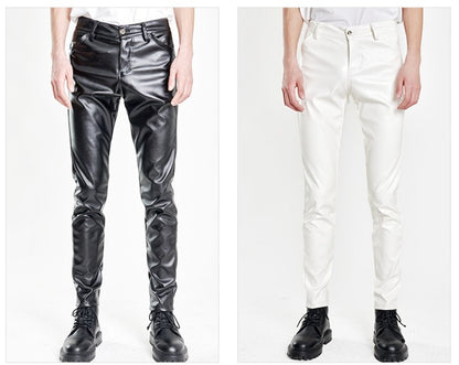 New Men Solid Color Slim Fit Faux Leather Pants Green / White / Black Homme Bar KTV High Street Biker Trousers