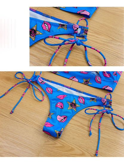 Anime Beach Girl Red Lip And Yellow Danger Warning Line Uniform Printing Bikini Swimsuit Underwear Women Outfits Cosplay Costume