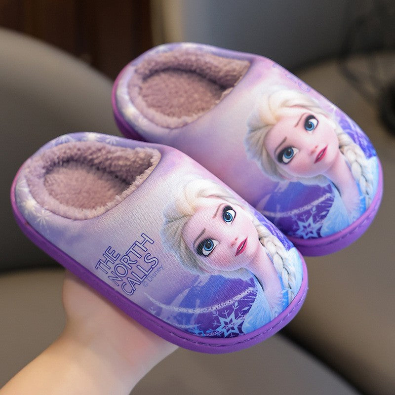 Autumn Winter Indoor Warm Kids Shoes Printed Elsa Princess Girls Cotton Slippers Cute Fashion Baby Children's Cottonslipper