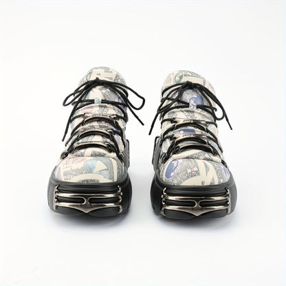 Casual Female Runway Shoes Platform Metal Toe Chunky Sneakers Women Gothic Punk Style Sneakers Rock Design Black Walking Shoes