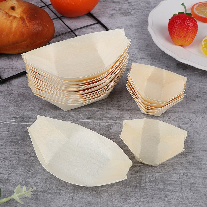 50Pcs Wood Boats Plates Sushi Salad Dessert Bowl Wood Serving Bowl Disposable Sushi Serving Trays Sushi Boat Plates