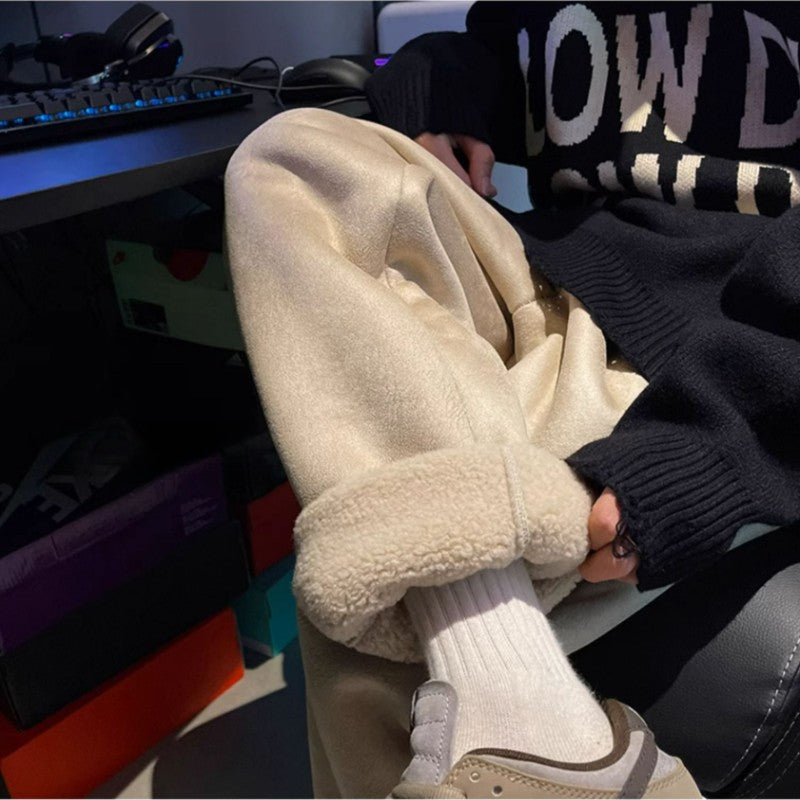 Women's Suede Thickened Straight Leg Pants Korean Style Wide Leg Autumn Winter New Student Fashion Casual Trousers