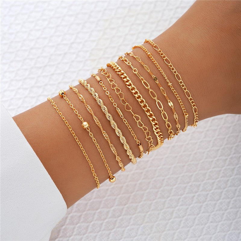 Conjunto de Pulseiras Femininas Corrente Cubana, Cor Dourada, Boho Retrô, Torção Grossa, Joias da Moda de Qualidade, 11 Peças, 2024
